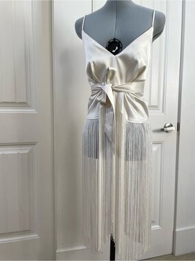 LPA Ivory Satin Fringe Tie-Front Shirt